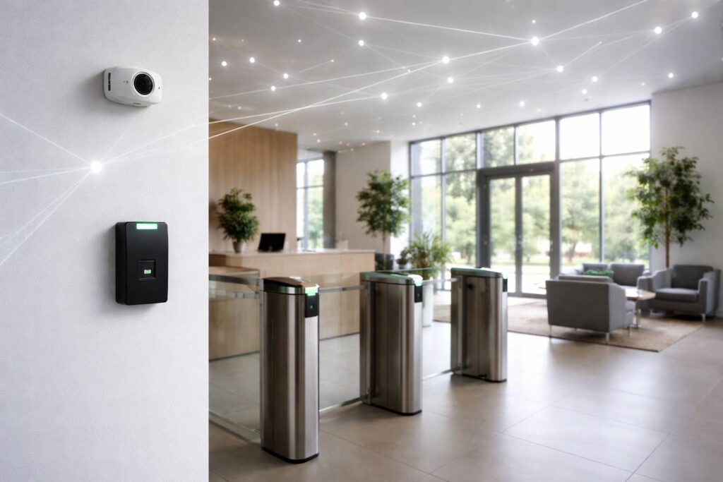 Moderne kantoor lobby met beveiligingsvoorzieningen